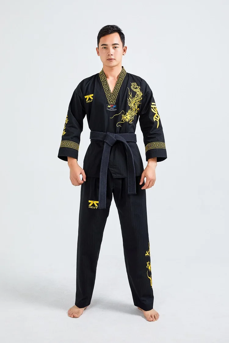 Black Professional Taekwondo Uniform Men's Unisex Coach Set Black Belt Karate Judo Martial Arts Adult WTF Clothing Long Sleeve