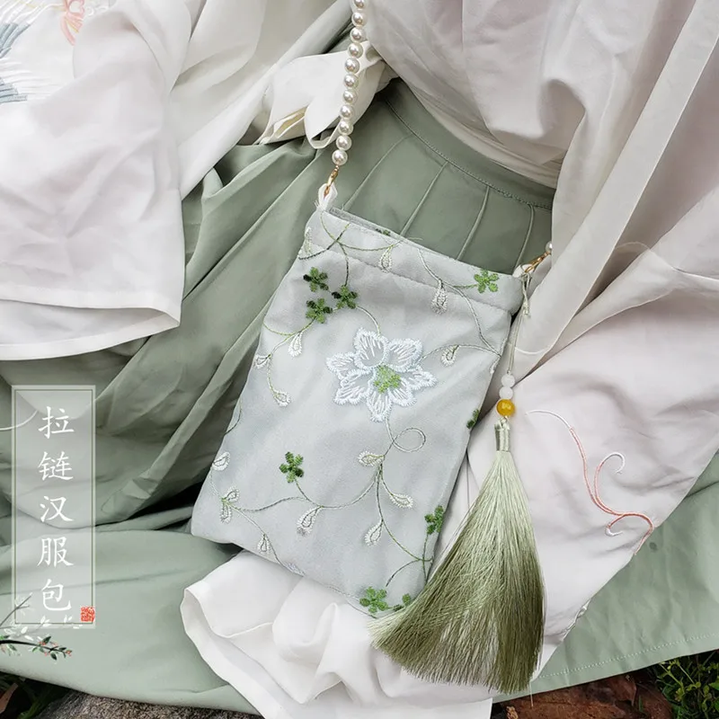 Tas Hanfu Bordir Renda Antik dengan Ritsleting Gaya Cina dan Tas Ponsel Silang Diagonal Kostum Kuno B1