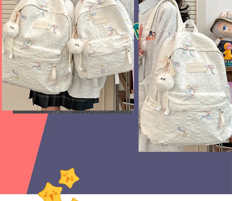 Colorful Bow Full Print Ruched Fabric Backpack Four Colors Available Large Capacity Girls Junior High High School School Bag
