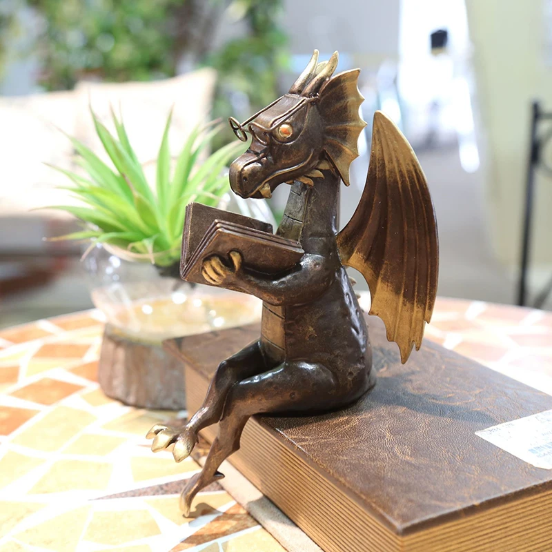 

Home Desk Dragon Ornaments Dragon Reading Book Statue Garden Animal Sculpture Decorative Resin Figurines Art Collectible Gifts