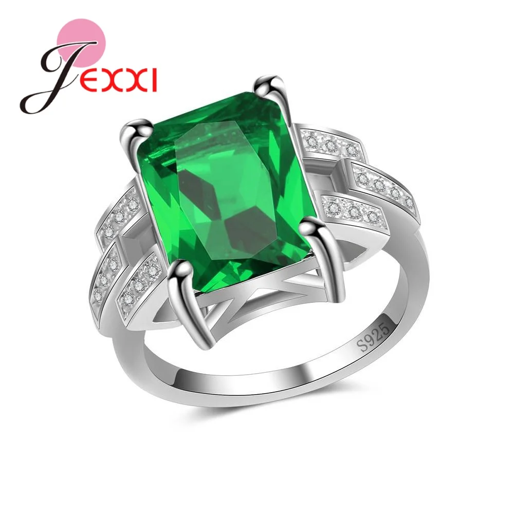 Design Genuine 925 Sterling Silver Band Rings Prong Setting Sparkling Big Green Cubic Zirconia Vintage Women Jewelry