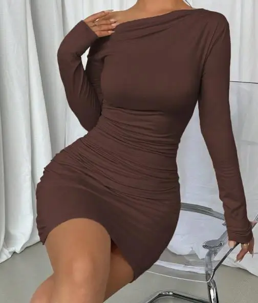 

Women's Solid Color Slim Fit Dress with Sloping Shoulder Long Sleeves Autumn New Item One Step Skirt for 2025