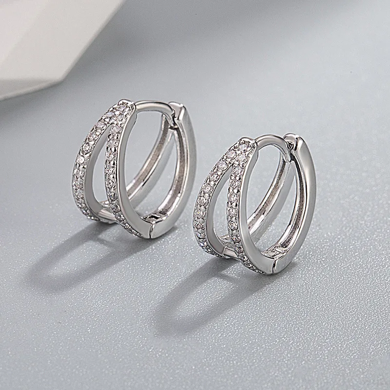 Charm Exquisite 925 Sterling Silver Hollowed Asymmetry Double Layer Tiny Zircon Hoop Earrings for Woman Jewelry Accessories Gift
