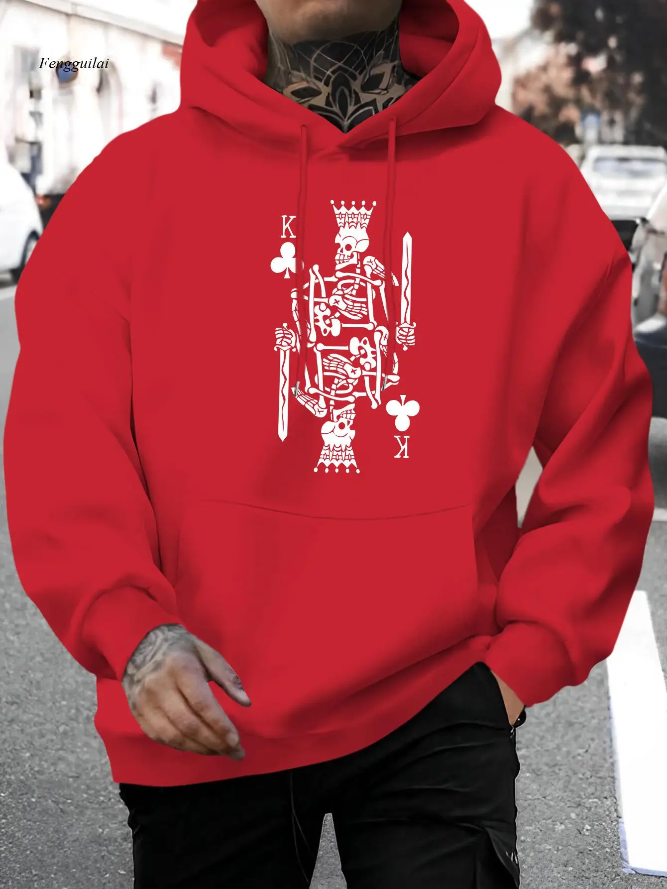 King of Spades & Card Suits Kapuzenpullover mit Aufdruck – blaues, gotisches, spanisch inspiriertes Ace of Caballeros-Design