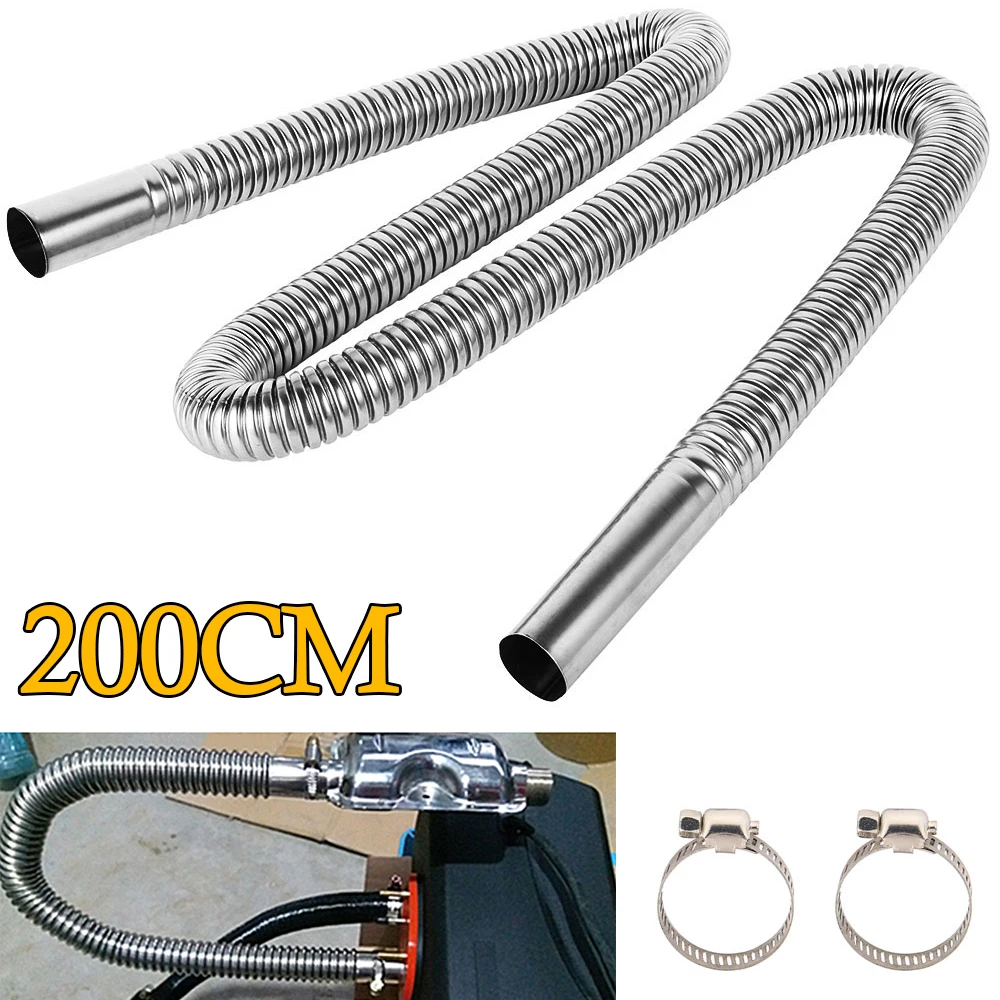 200/120CM Stainless Steel Exhaust Pipe 25mm Flexible Exhaust Hose Diesel Gas Vent Hose with 2 Exhaust Clamp for Car Air Diesel