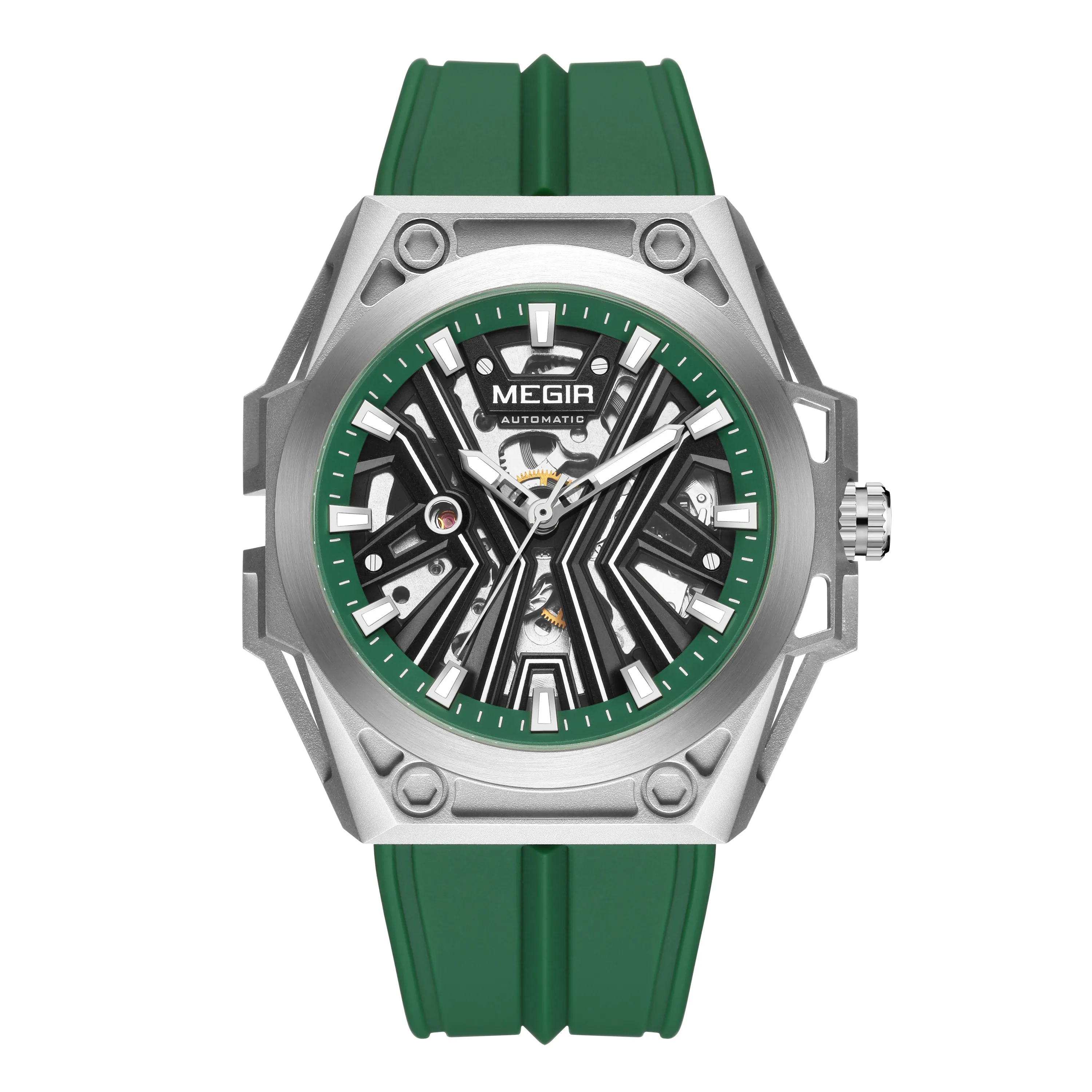 MEGIR New Stainless Steel Case Skeleton Mechanical Watch Waterproof Luminous Men Fully Automatic Wristwatch Silicone Strap Watch