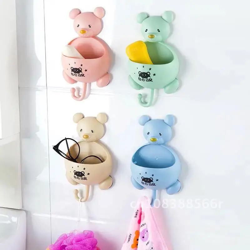 

Creative Cute Bear Pattern Wall-hanging Soap Rack with Punch-free Hook Optimized Suction Cup Soap Box Bathroom Accessories