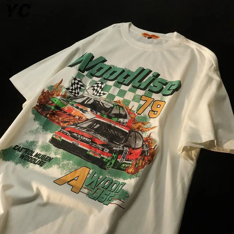 Harajuku 90s Retro Racing Cars Graphic Print Oversized Women Tshirt Hip Hop Short Sleeve Tees Mens Streetwear Cotton Tops Y2K