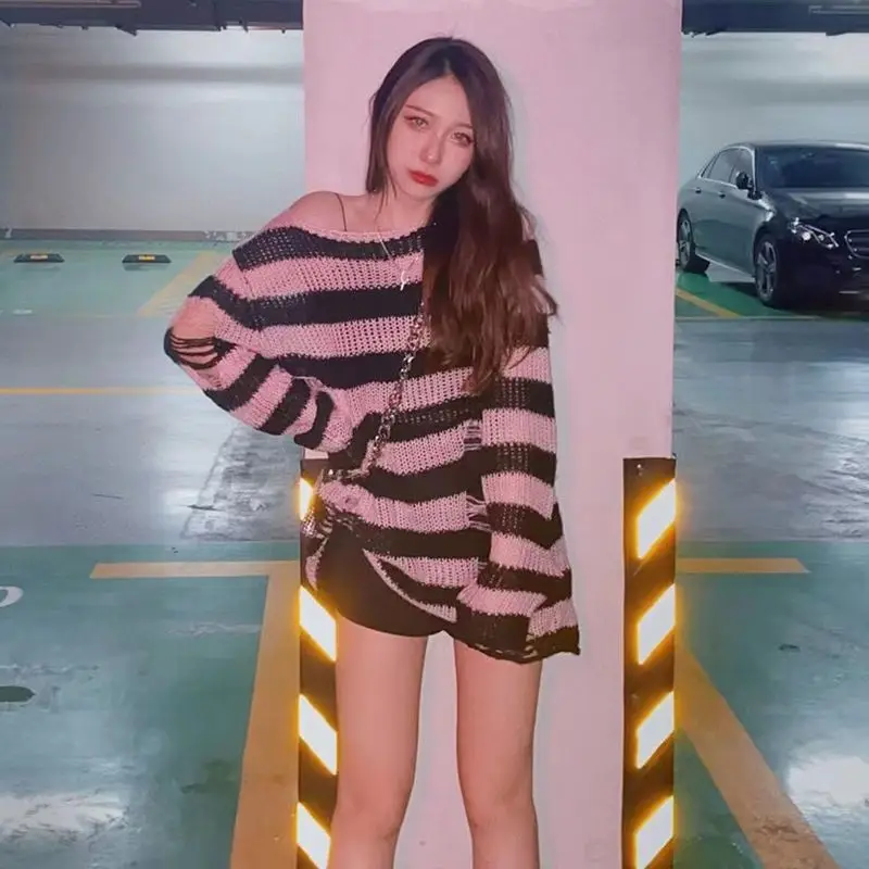 Y2K Pink Striped Gothic Sweaters Women Ripped Holes Loose Knitted Pullover Frayed Fairy Grunge Jumpers Emo Streetwear Lolita