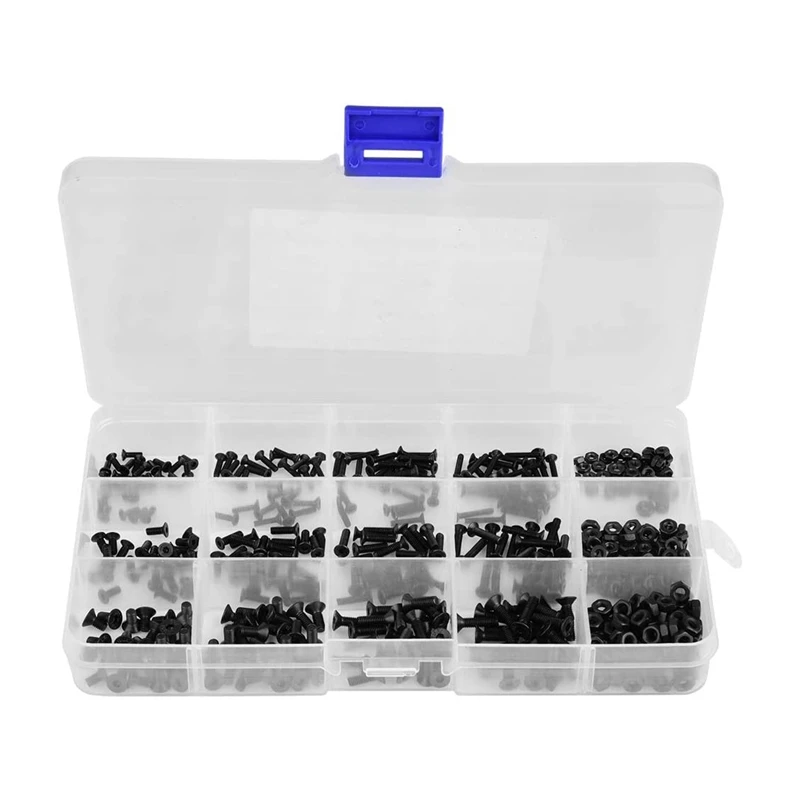 

JFBL Hot 480Pcs M2 M2.5 M3 Hexagon Socket Screws And Hexagon Nuts Hexagon Socket Countersunk Head Black Carbon Steel Screw Set