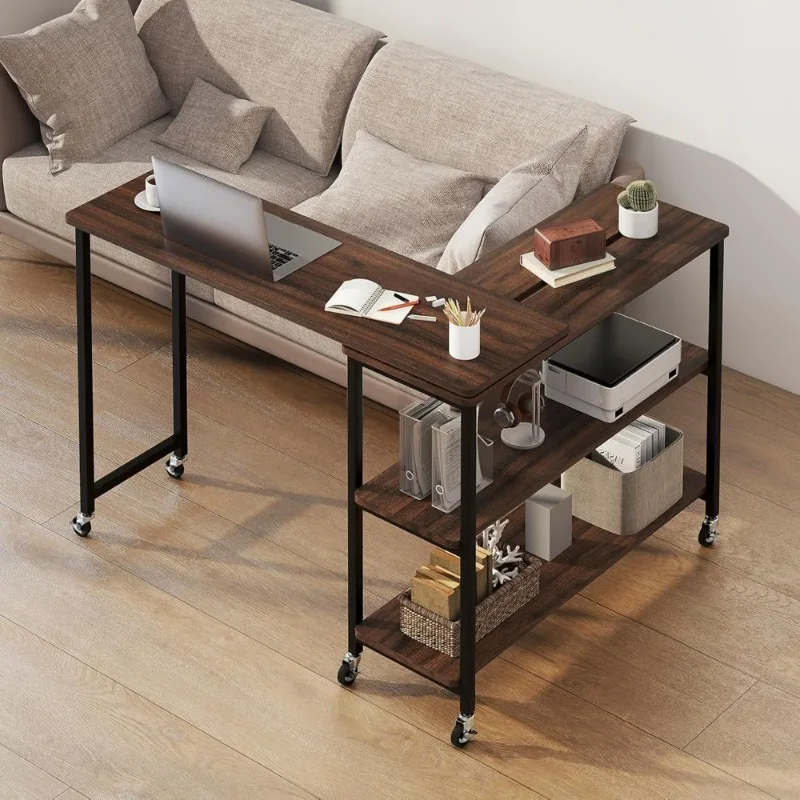 

Large 360 Degree Rotating Sofa Side Table with Wheels Mobile Couch Desk 2 Tier Storage Shelves Extendable Laptop Snack Table
