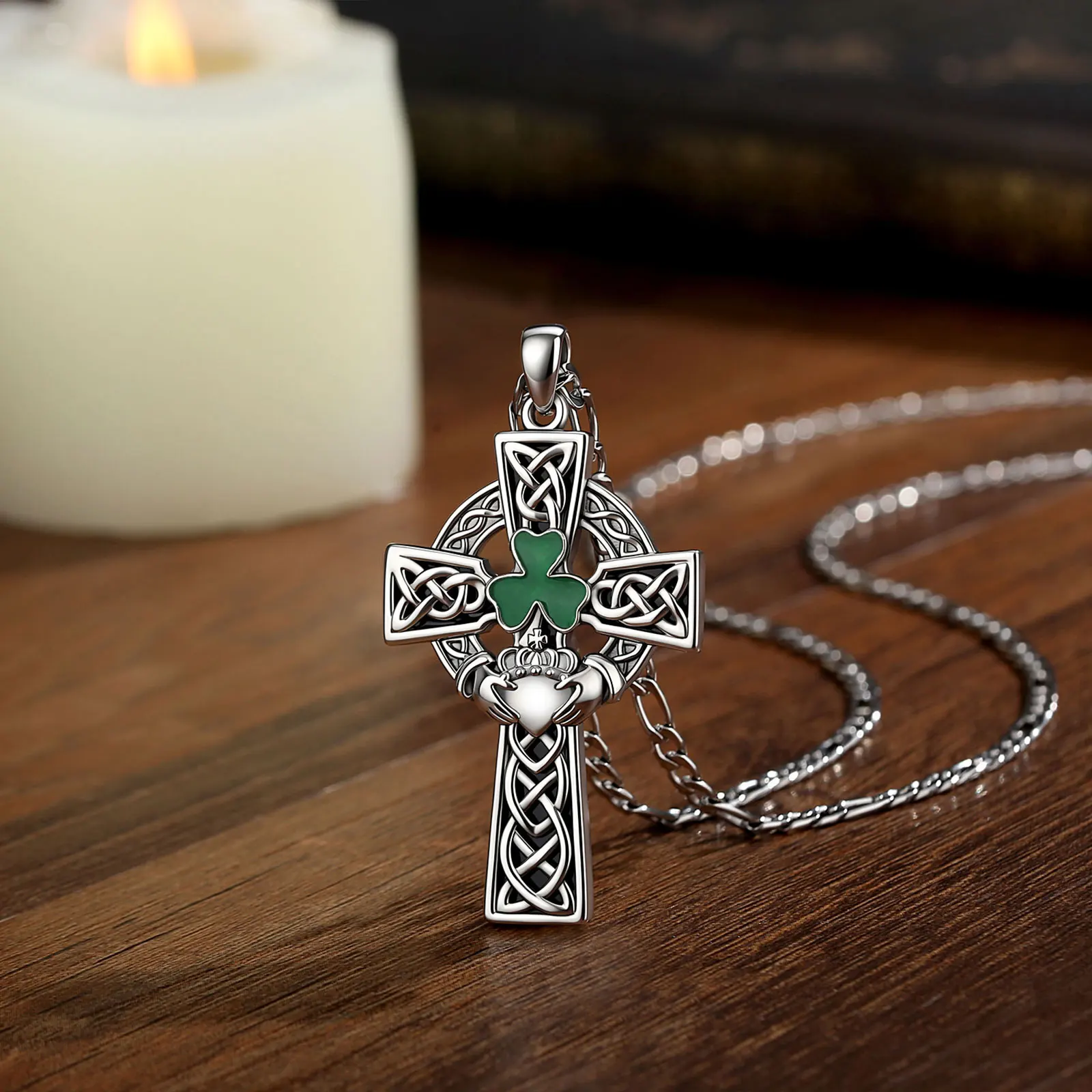 AEONSLOVE Vintage Celtic Knot Cross Necklace for Women Men Obsidian Shamrock Clover Claddagh Pendant Amulet Irish Jewelry Gift - view 3