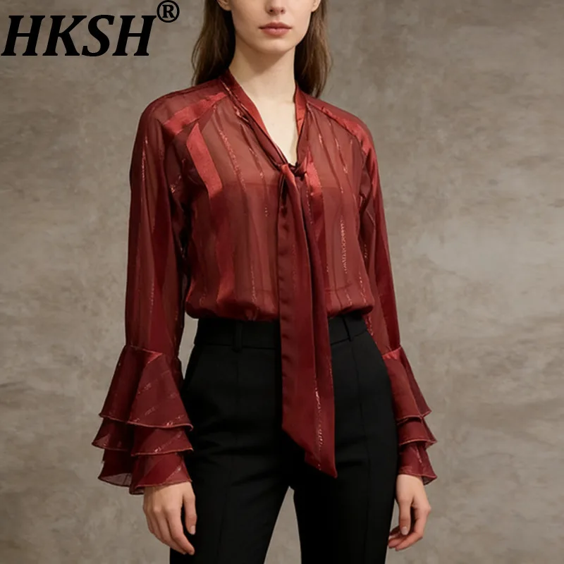 

Женская сексуальная шифоновая блузка HKSH с прозрачными вставками, универсальная, с завязками и расклешенными рукавами, элегантный топ, новинка Весна-Лето 2026 HK19391