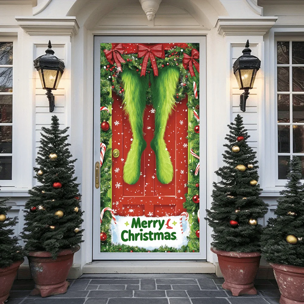Linda cortina de puerta de monstruo de Navidad verde, cortina de puerta alegre, pancarta de bandera de puerta alegre, decoración navideña interior y exterior