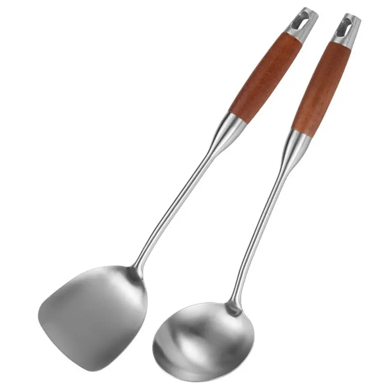 M12K-Stainless Steel Spatula For Carbon Steel, Stainless Steel Wok Spatula Metal, Wok Tools Set, Wooden Handle Soup Ladle Reusab