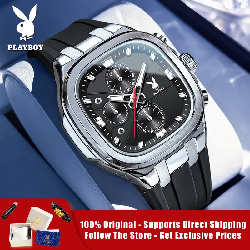 PLAYBOY 3076 Brand original authentic watches for man luxury Gift Box Silicone strap square watch quartz men's watch