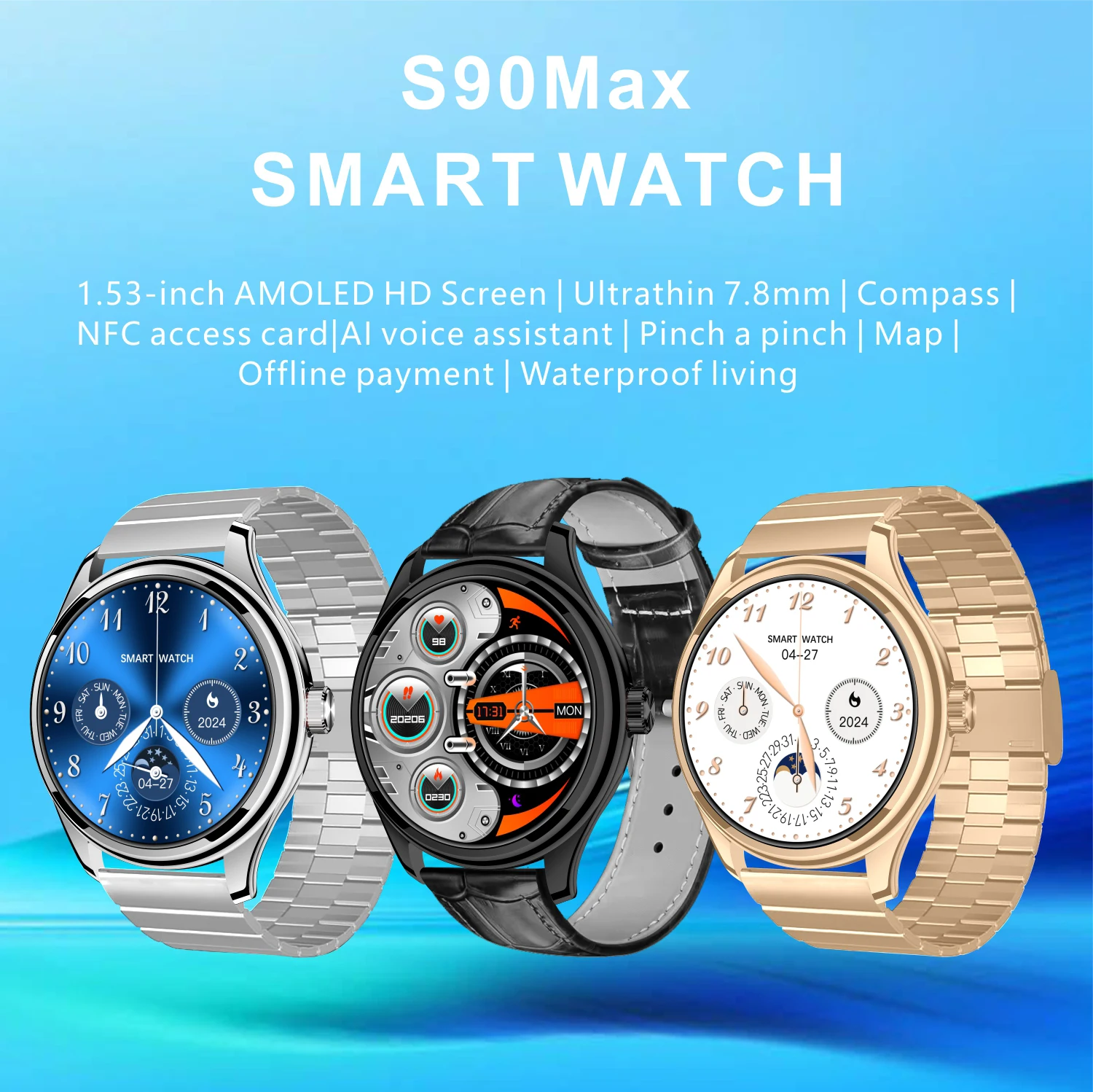 S90Max Wireless Smartwatch Bluetooth Call AMOLED Ultra-Thin 7.8mm AI Offline Payment Health Monitor Dual Strap Men Women Watch