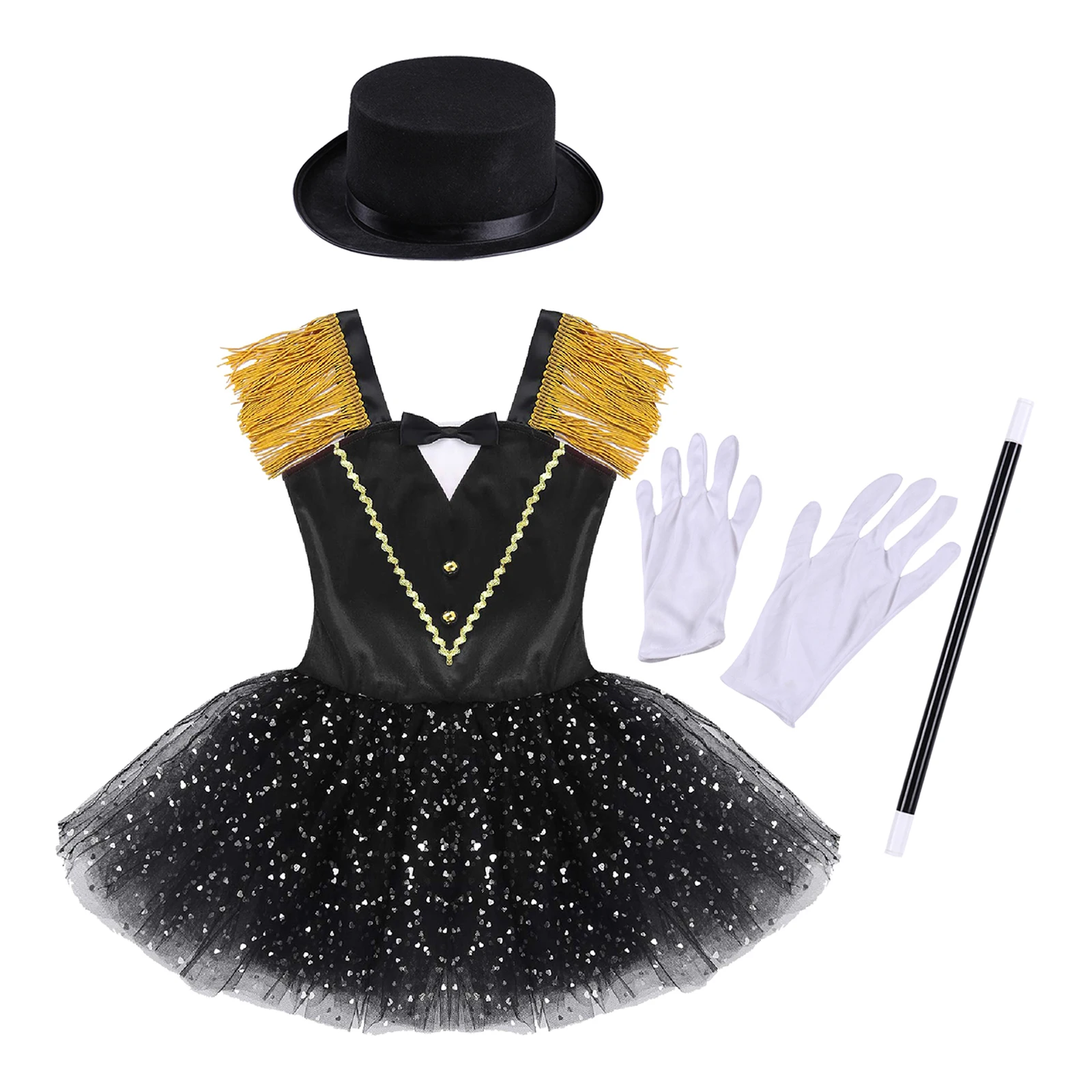 Teen Girls Circus Ringmaster Cosplay Dress Halloween Theme Party Carnival Costume Tassel Leotard Tutu with Hat Magic Wand Gloves