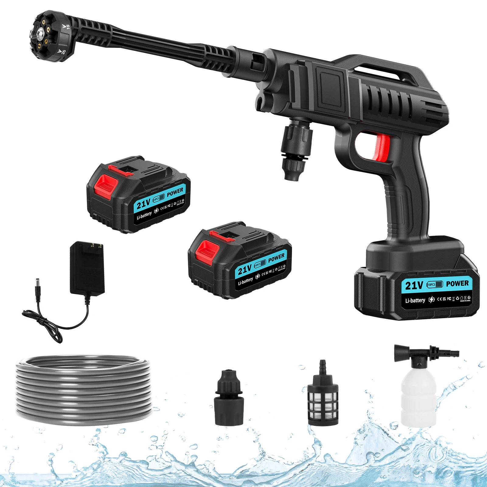 Cordless Car Pressure Washer 21V Lithium Portable Car Wash Gun 2 Batteries 1 Charger 6-in-1 Nozzle