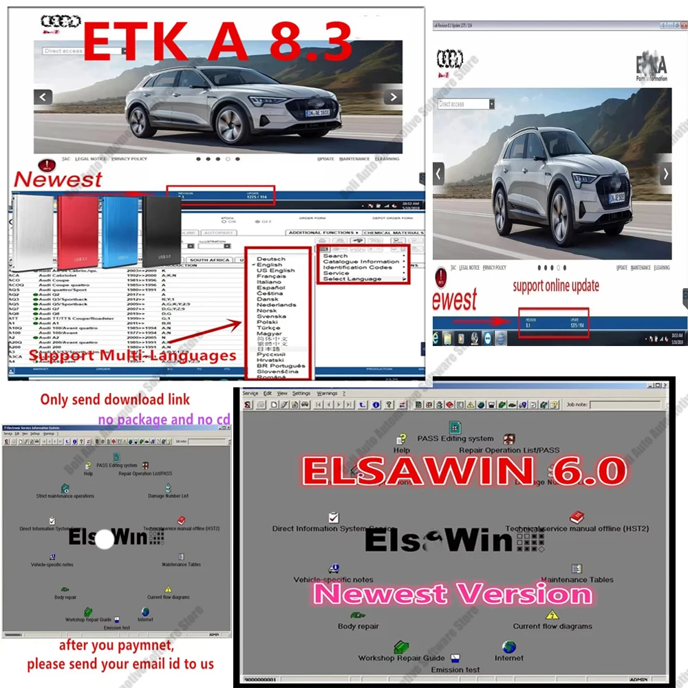 

Etka 8.3 with ELSAWIN 6.0 latest maintenance software group vehicle electronic parts catalog, suitable for V/W+AU/DI+SE/AT+SKO/D