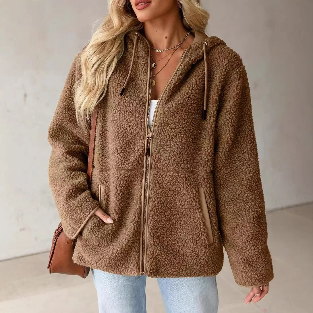 2024 European and American New Arrival Women's Lamb Wool Jacket Hoodie, Casual and Comfortable Loose Fit Outerwear