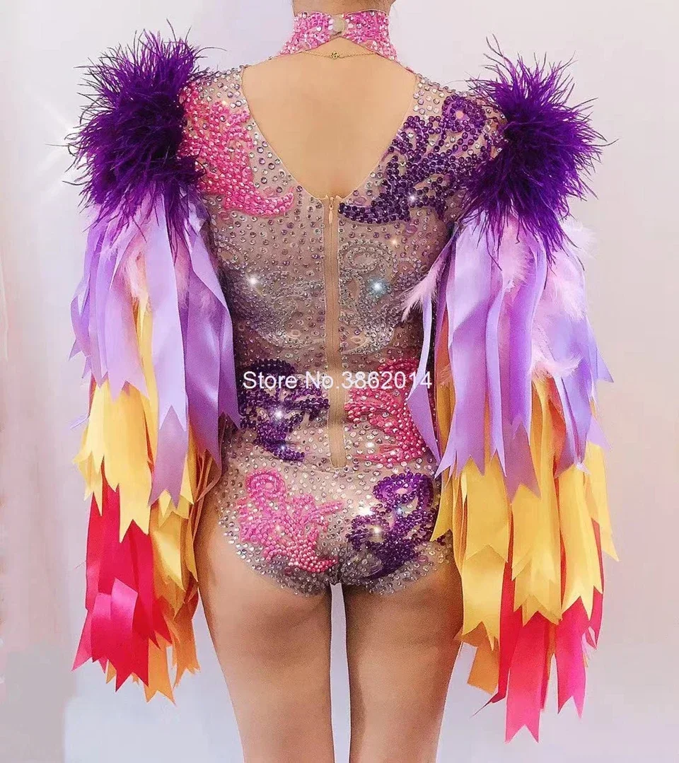 Fashion Stage Wear Ribbon Strip Feather Sleeve Rhinestones Bodysuit Women Nightclub Bar Party Outfit Performance Dance Costume