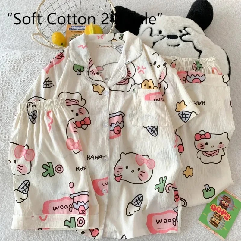 

New Hello Kitty pajamas summer pure cotton cartoon short-sleeved women's three-piece set cute women Sanrio loungewear set