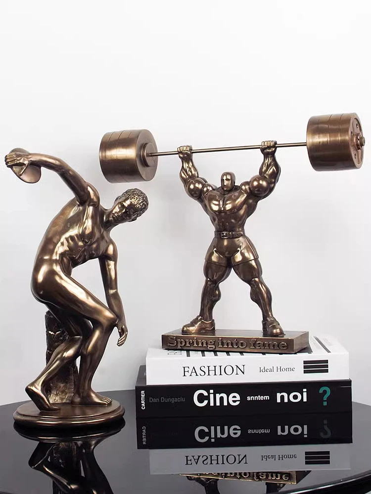 

Imitation Copper Abstract Muscle Male Hercules Gym Decor Weightlifter Throwing discus Athlete Resin Statue Home Crafts Sculpture