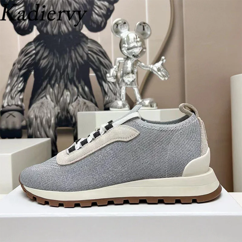 Classics Sneakers For Women Round Toe Lace Up String Bead Running Shoes Woman Knit Breathable Outdoor Wome's Sports Shoes