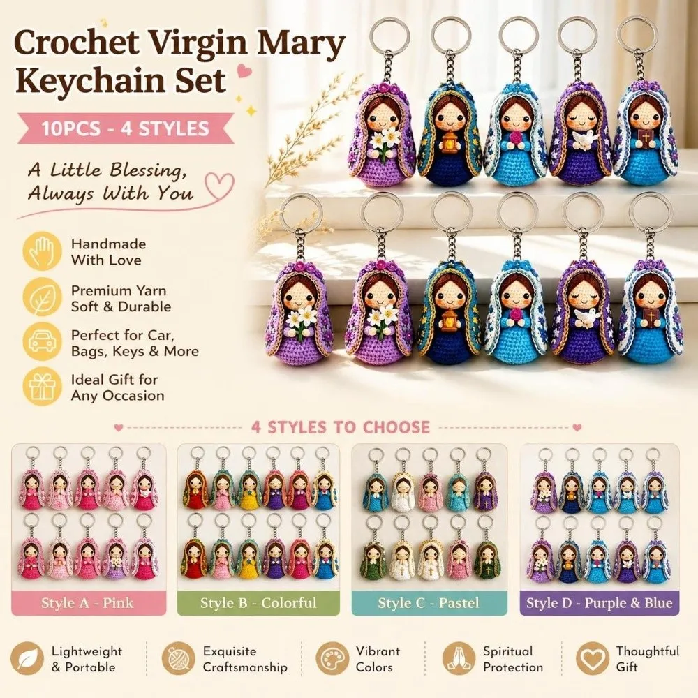 10pcs/set Crochet Style Virgin Mary Keychain Set Religious Knitted Doll 2D Flat Acrylic Keychains Figurine Pendant Kids Gift