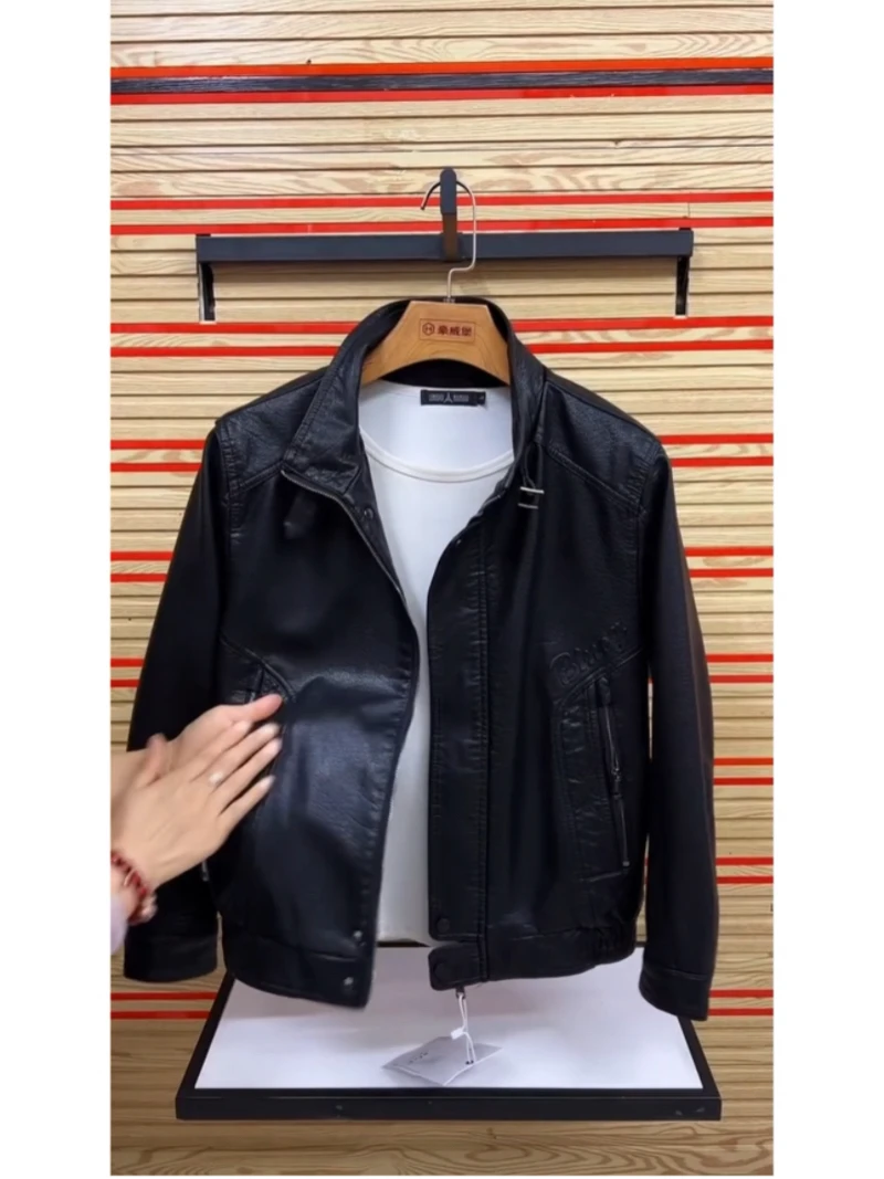 Stylish Casual Leather Jacket Men's Spring Autumn Fashionable All-Match Trendy Brand Korean Version Stand Collar Coat Handsom...