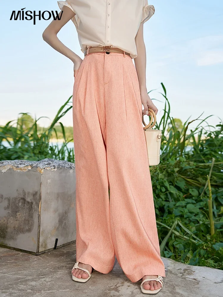 

MISHOW Women's Casual Solid Pants 2023 Summer Women French High Waist Loose Chic Straight Wide Leg Full Length Pants MXC38K0432