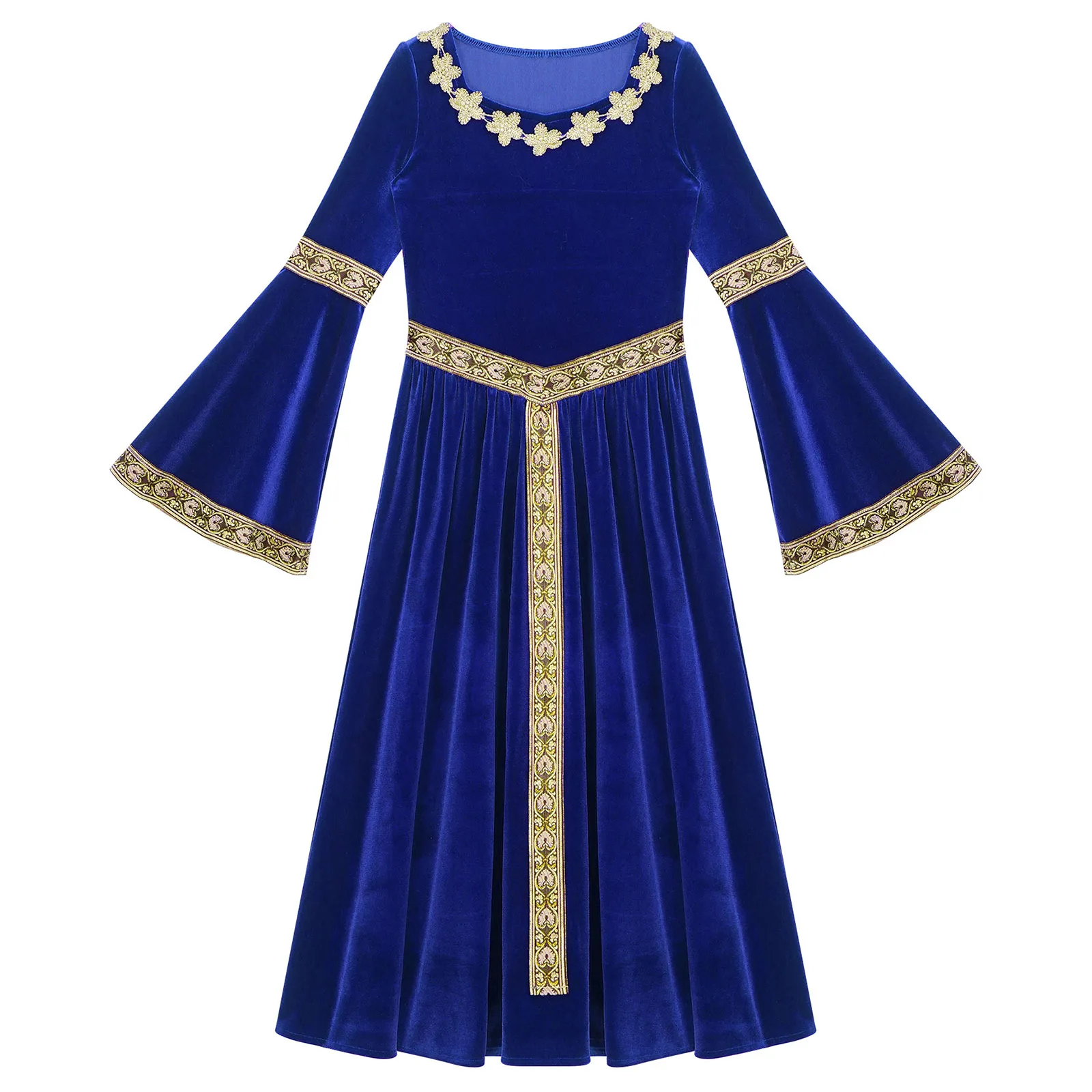 Kids Girls Medieval Renaissance Dress Velvet Long Flare Sleeve Vintage Princess Costumes for Halloween Carnival Party Dress Up