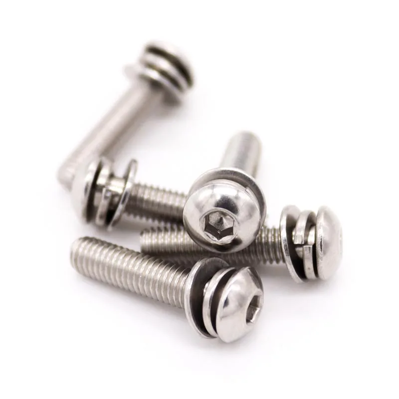 1/50pcs M3 M4 M5 M6 M8 304 Stainless Steel Hexagon Hex Socket Button Head SEM Screw Flat With Washer Spring Gasket Assemble Bolt