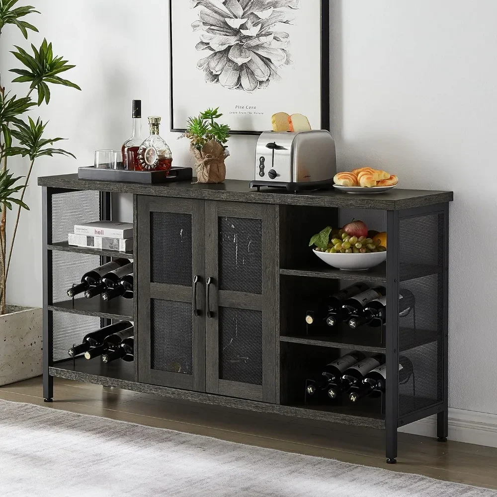 

Industrial Wine Bar Cabinet with 2 Doors, Modern Buffet Sideboard w/ Wine Racks & Storage Credenza Buffet Server Cupboard Table