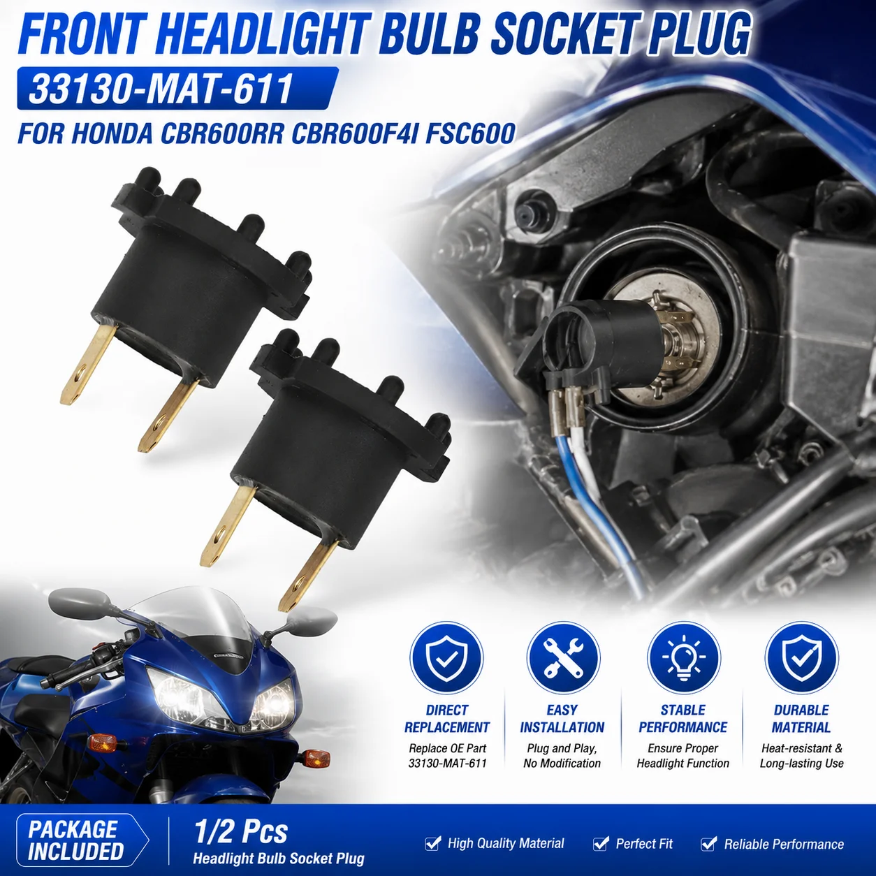 1/2 Pcs Front Headlight Bulb Socket Plug For Honda NSS250 Reflex GL1800 NRX1800 CBR1100XX RVT1000 CBR1000RR  33130-MAT-611