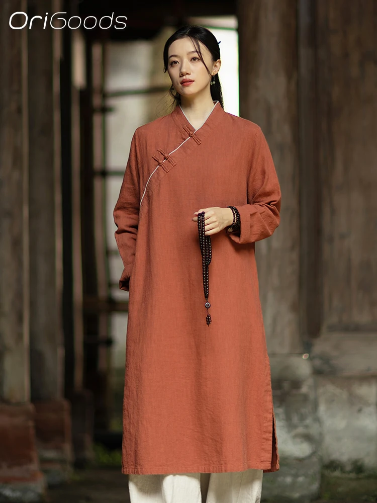 OriGoods Long Blouse Chinese Style Vintage Long Sleeve Linen Shirt Dress Zen Clothes Woman Japanese Meditation Clothing Top C145