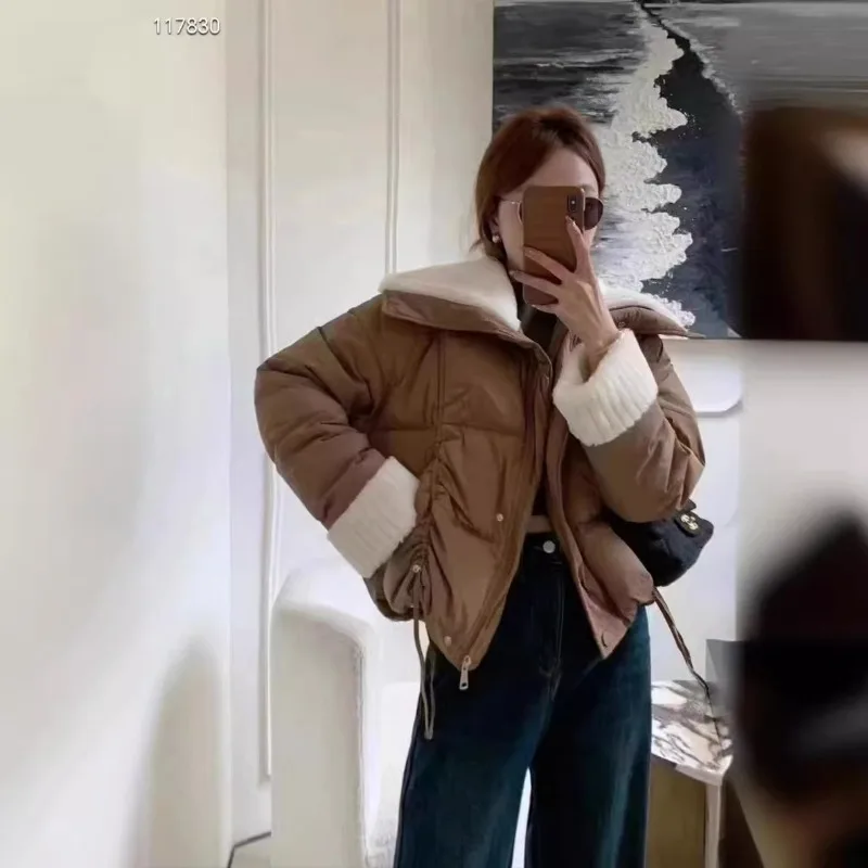 Ropa de mujer invierno nueva chaqueta de plumón abrigo Tops cortos cálido Petite cuello grande plumón de pato blanco moda Color sólido