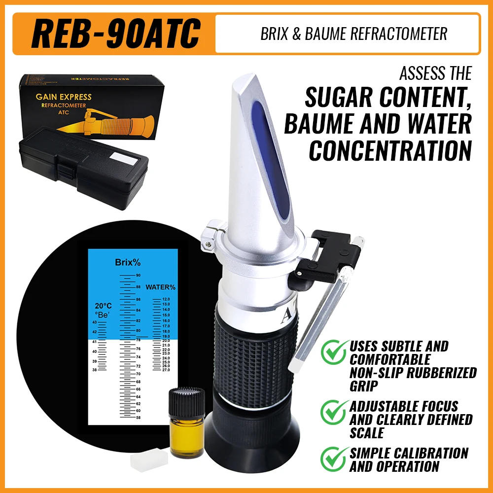 3in1 Honey Refractometer 58-90%/12-27%/38-43Be\' Brix Moisture Baume Tester Meter ATC Test Kit With Calibration Oil And Block