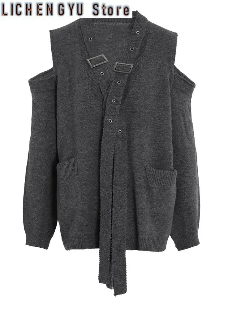 

Gray Buckle Big Size Pocket Knitting Cardigan Sweater V-Neck Long Sleeve Women New Fashion Tide Spring Autumn
