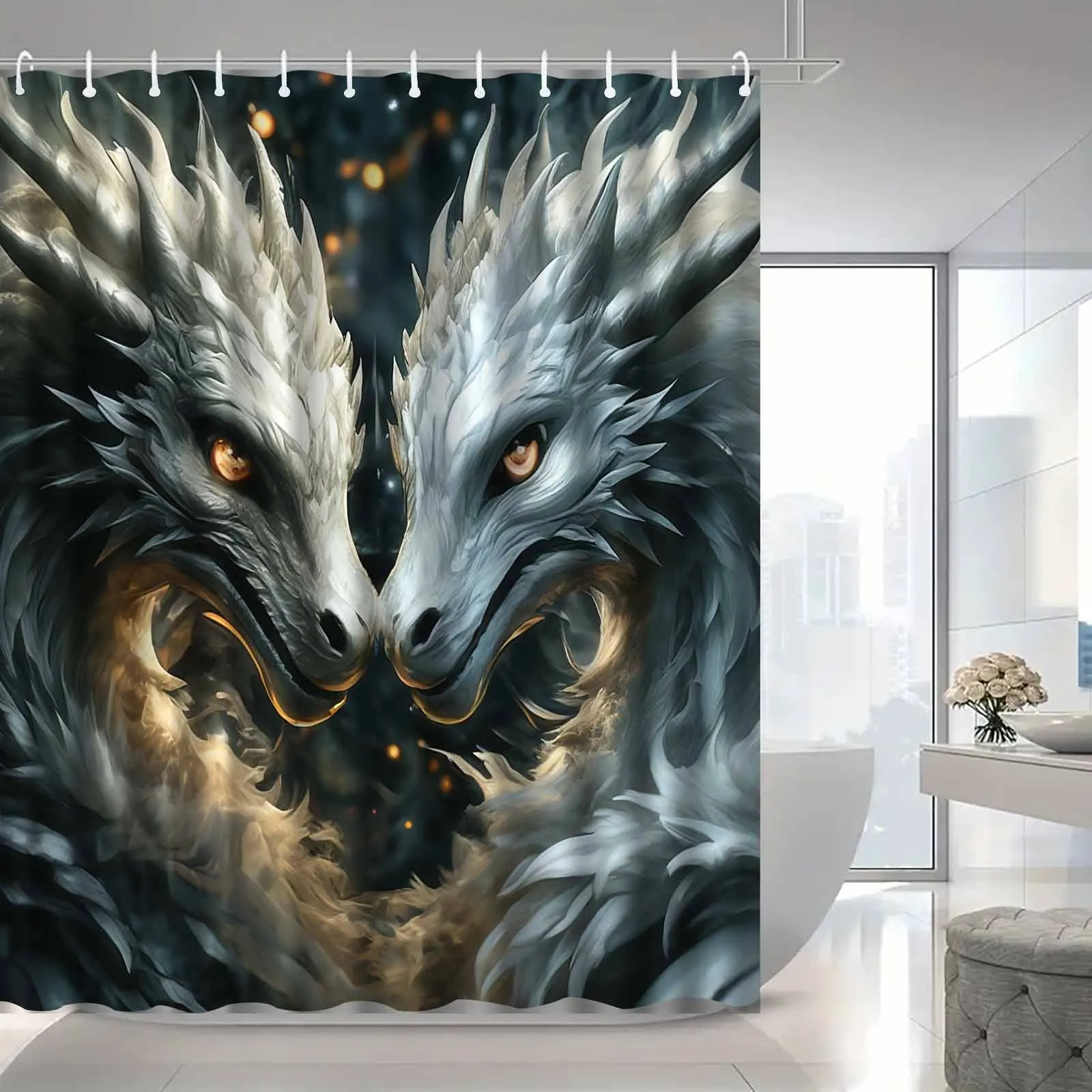 Jit1pc Powerful Beast Eastern Divine Dragon Double Dragon Shower Curtain, Luxurious Elegant Bathroom Curtain, Bathroom Decor Des