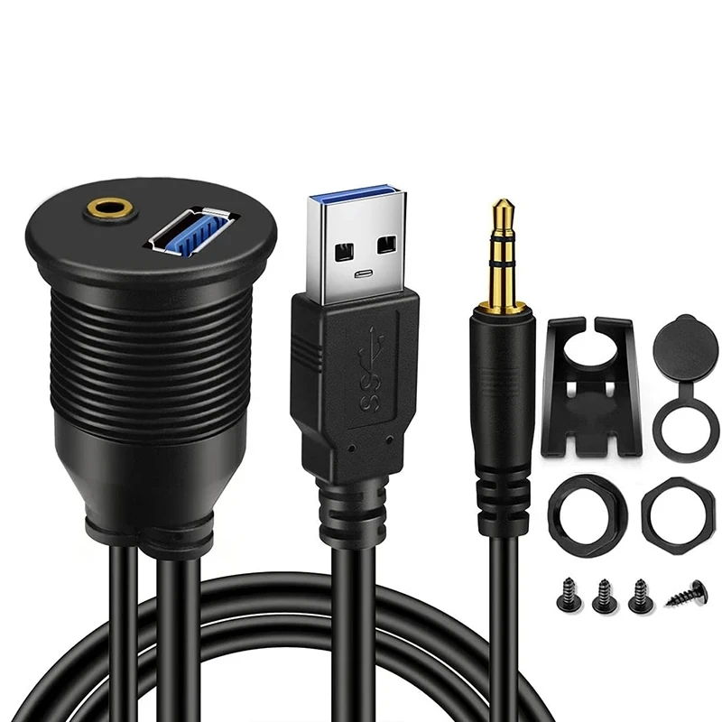 Cavo di prolunga da 1M USB e 3.5mm AUX maschio a femmina cavo per pannello di scarico per montaggio su cruscotto per cavo impermeabile per auto, camion, barca, moto