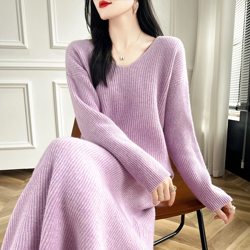 

100% Wool Knitted Two-piece Set Fashion Long Sleeve V-neck Sweater & High Waisted Elastic A-line Skirt Outfits Women's Clothes