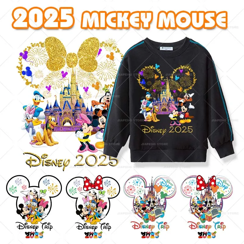 2025 New Year Mickey Mouse Thermal Transfer Stickers Iron on Transfers For Clothes Disney Trip Minnie Printed Patches On Clothes