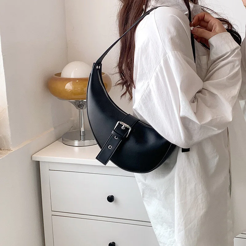 Solid color Leather Saddle Crossbody Bag for Women Underarm Bag Fashion Luxury Brand Shoulder Handbag and Purse Lady Belt Design