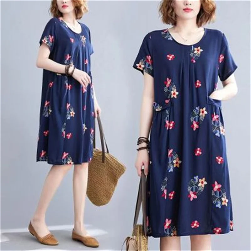 Mommy Dress Cotton Silk Plus-size Dress Summer Cover Belly Loose Thin Short Sleeves Middle-aged And Elderly Floral Fashion Dress