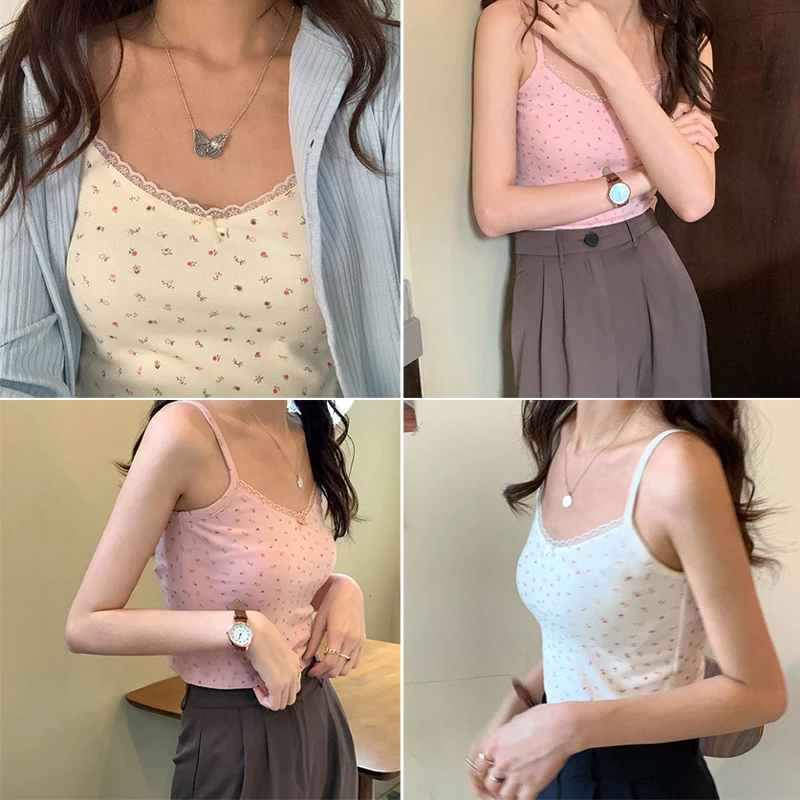 Women Tops Summer Girls Tops Short Slim Lace Sweet Print Crop Top Ladies Bottoming Cute Tops Top Mujer Top Femme