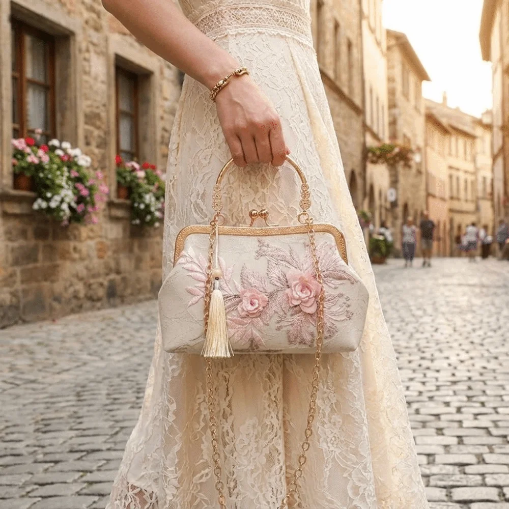 

Vintage Embroidered Kiss Lock Handbag Chinese Style Small Square Floral Lace Evening Bag Tassel Top-Handle Pearl Chain Bag Party