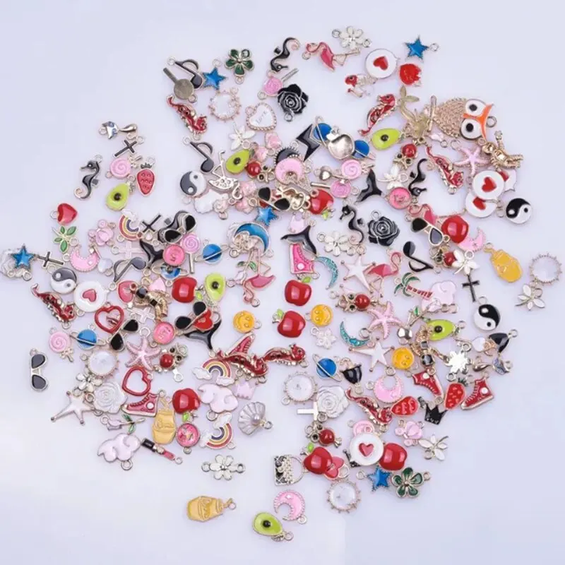 50Pcs/Lot Random Mix Styles Animal Flower Heart Charms Assorted Enamel Fruit Pendant Handmade DIY Jewelry Making Wholesale Bulk