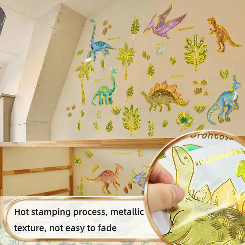

Gold Foil Stamping Dinosaurs Decals Kids Bedroom Decor Hot Stamping Dino Wall Stickers Matallic Texture Dinosaur for Child Room